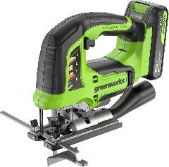 Лобзик аккумуляторный GREENWORKS GD24JS120, 24V, б/щет, 120 мм, 0-3500/мин, 4-ст.маятник, алю.подошва, LED, 1х2Ач, ЗУ, кор, артикул 3601407CUA миниатюра
