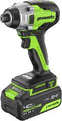 Винтоверт ударный аккумуляторный GREENWORKS GD24ID3, 24V, б/щет, 0-2800об/мин, 4000уд/мин, HEX 1/4, 300Нм, 3 режима,1x4Ач, ЗУ, кор, артикул 3802807CUB миниатюра