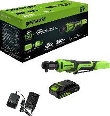 Гайковерт-трещотка аккумуляторный GREENWORKS GD24RW, 24V,б/щет,0-250об/мин, 1/2", 80Нм, 70 мм,1x2Ач,ЗУ, сумка, кор, артикул 3804007CUA миниатюра