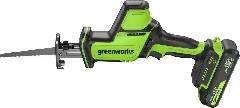 Пила сабельная аккумуляторная GREENWORKS GPT-CRS-25, 24V, б/щет, 0-3000/мин, рез 80 мм дер., LED, 1х2Ач, ЗУ, кор, артикул 1200507CUA миниатюра