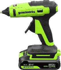 Пистолет клеевой аккумуляторный GREENWORKS G24GLG, 24V, 150°С, нагрев 90 сек, стержни 11 мм, антикапля, 1х2Ач, ЗУ, кор, артикул 3502207CUA миниатюра