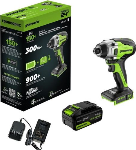 Винтоверт ударный аккумуляторный GREENWORKS GD24ID3, 24V, б/щет, 0-2800об/мин, 4000уд/мин, HEX 1/4, 300Нм, 3 режима,1x4Ач, ЗУ, кор, артикул 3802807CUB изображение