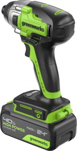Винтоверт ударный аккумуляторный GREENWORKS GD24ID3, 24V, б/щет, 0-2800об/мин, 4000уд/мин, HEX 1/4, 300Нм, 3 режима,1x4Ач, ЗУ, кор, артикул 3802807CUB изображение