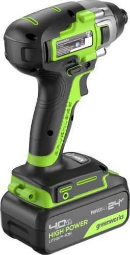 Винтоверт ударный аккумуляторный GREENWORKS GD24ID3, 24V, б/щет, 0-2800об/мин, 4000уд/мин, HEX 1/4, 300Нм, 3 режима,1x4Ач, ЗУ, кор, артикул 3802807CUB изображение