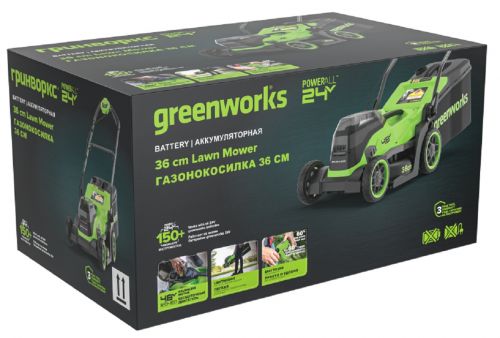 Газонокосилка аккумуляторная GREENWORKS GD24X2LM361, 2х24V, 36 см, бесщеточная, c 2хАКБ 4Ач и ЗУ, артикул 2520707UD изображение
