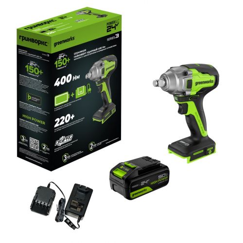 Гайковерт ударный аккумуляторный GREENWORKS GD24IW400, 24V,б/щет,1/2'', 400Нм,1х5Ач, ЗУ, кор, артикул 3802907CUG изображение