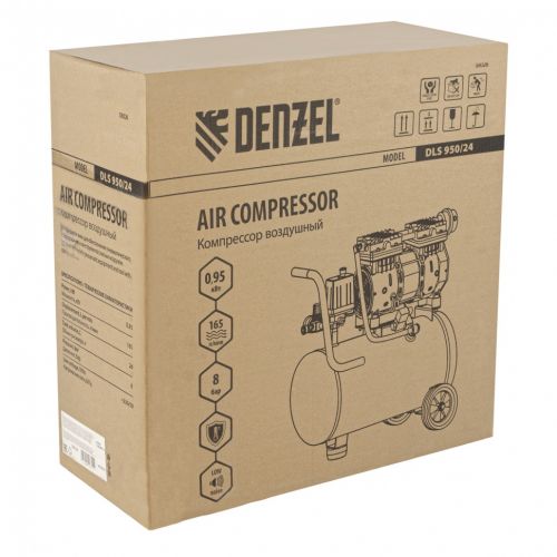 Компрессор поршневой безмаслянный малошумный DENZEL DLS950/24, ресивер 24 л, артикул 58026 изображение