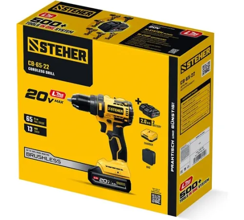 Дрель-шуруповерт бесщеточная аккумуляторная STEHER CB-65-22 20 В, 65 Н·м, 2 АКБ LMS (2 А·ч) изображение