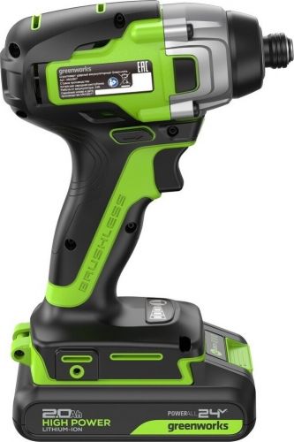Винтоверт ударный аккумуляторный GREENWORKS GD24ID3, 24V, б/щет, 0-2800об/мин, 4000уд/мин, HEX 1/4, 300Нм, 3 режима,1x2Ач, ЗУ, кор, артикул 3802807CUA изображение