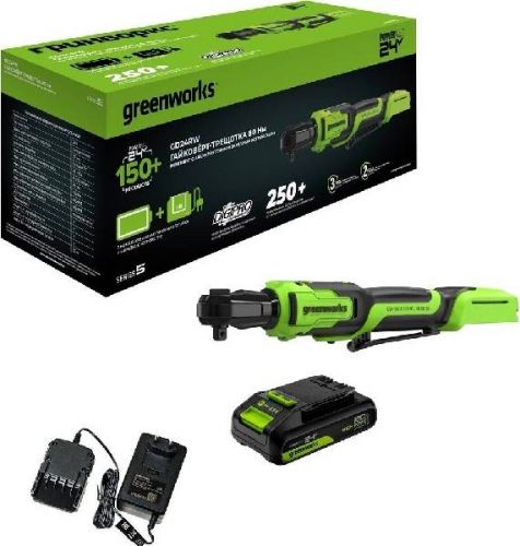 Гайковерт-трещотка аккумуляторный GREENWORKS GD24RW, 24V,б/щет,0-250об/мин, 1/2", 80Нм, 70 мм,1x2Ач,ЗУ, сумка, кор, артикул 3804007CUA изображение