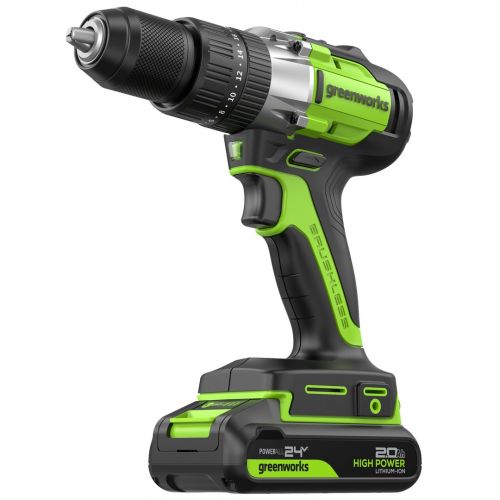 Дрель-шуруповерт ударная аккумуляторная GREENWORKS GD24DD60, 24V, б/щет, 0-450 / 0-1700 об/мин, 30/60Нм, 2х2Ач, ЗУ, кор, артикул 3704107CUC изображение