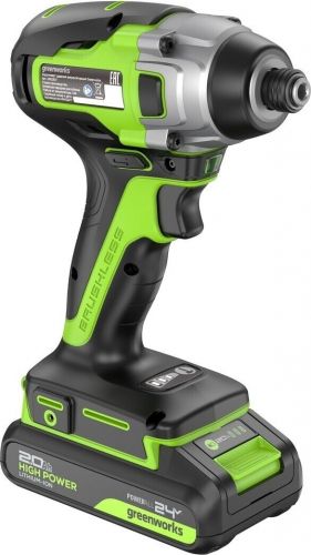 Винтоверт ударный аккумуляторный GREENWORKS GD24ID3, 24V, б/щет, 0-2800об/мин, 4000уд/мин, HEX 1/4, 300Нм, 3 режима,1x2Ач, ЗУ, кор, артикул 3802807CUA изображение